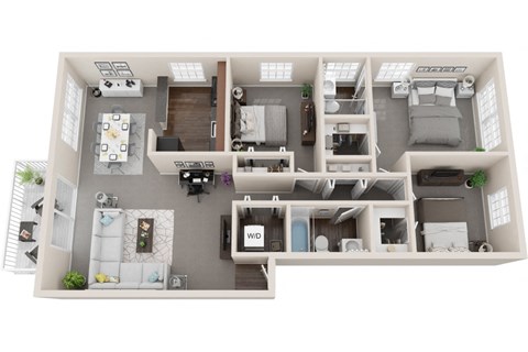 Floor plan for 3 beds, 2 baths, 1167 sqft